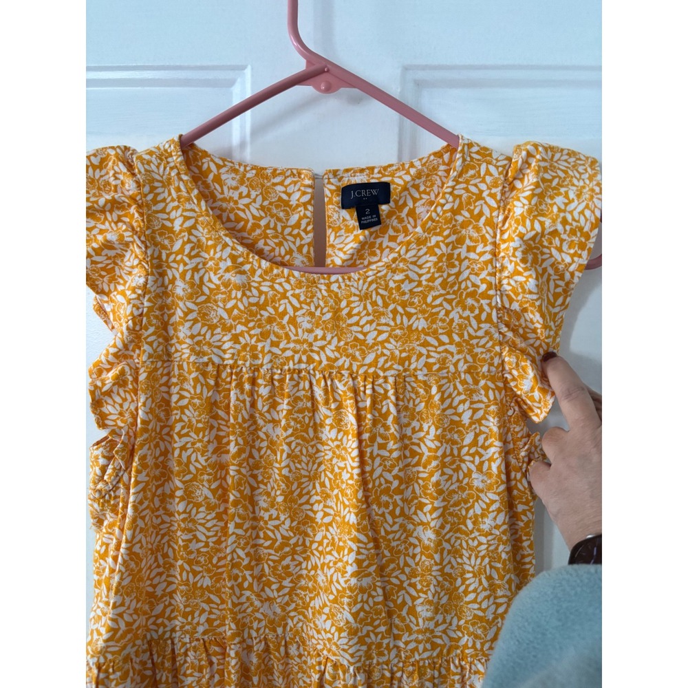 J.Crew Yellow Floral Ruffle Sleeve Tiered Linen Blend Mini Dress Size 2 Preppy - Picture 2 of 8